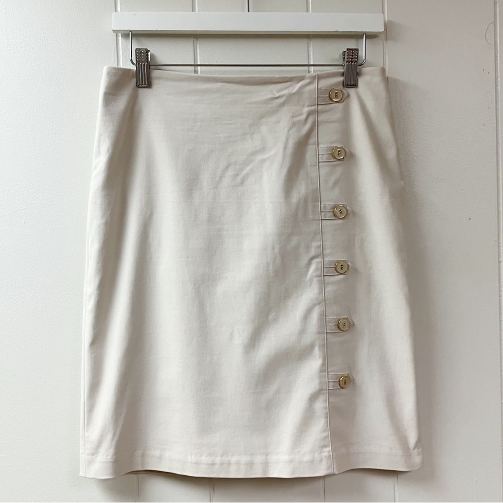 J. McLaughlin Woman Serina Beige Pencil Skirt SZ 6 Side Buttons Office Neutral